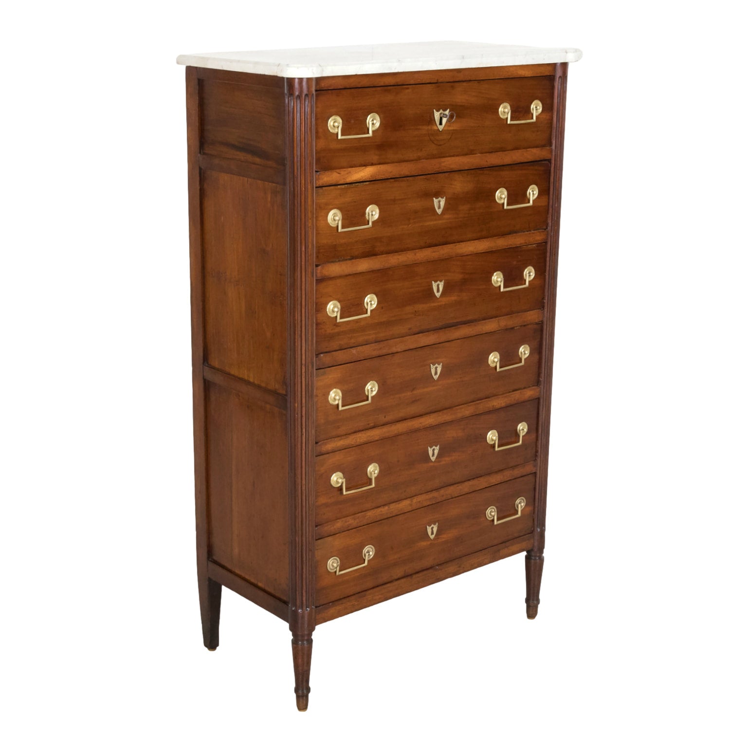 Early 19th Century French Louis XVI Style Tall Mahogany Gentleman's Chest of Drawers or Chiffoniere with Marble Top