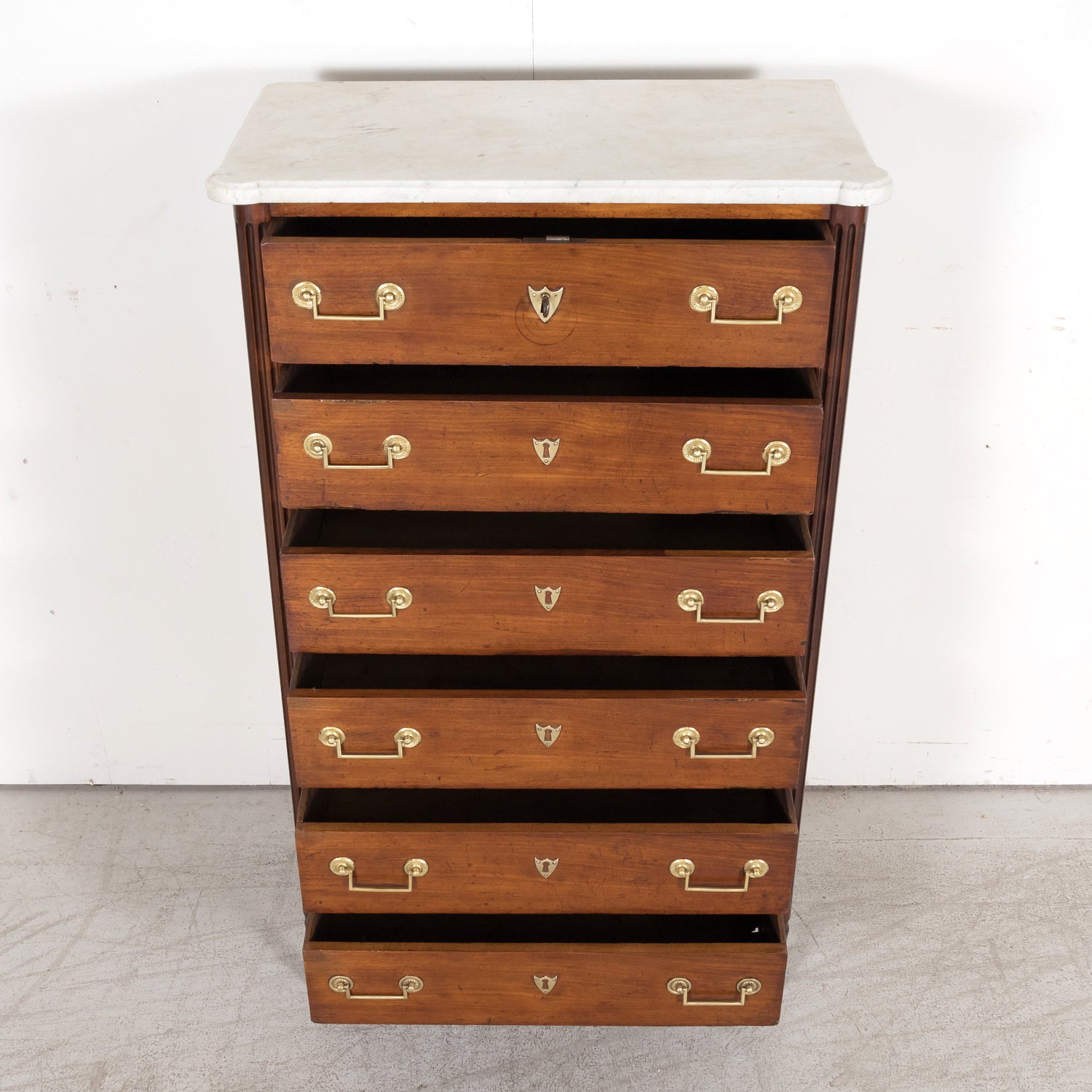 Early 19th Century French Louis XVI Style Tall Mahogany Gentleman's Chest of Drawers or Chiffoniere with Marble Top