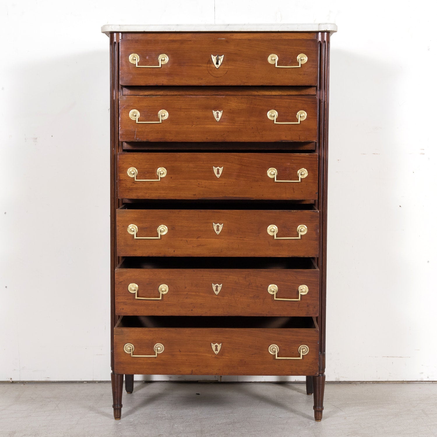 Early 19th Century French Louis XVI Style Tall Mahogany Gentleman's Chest of Drawers or Chiffoniere with Marble Top