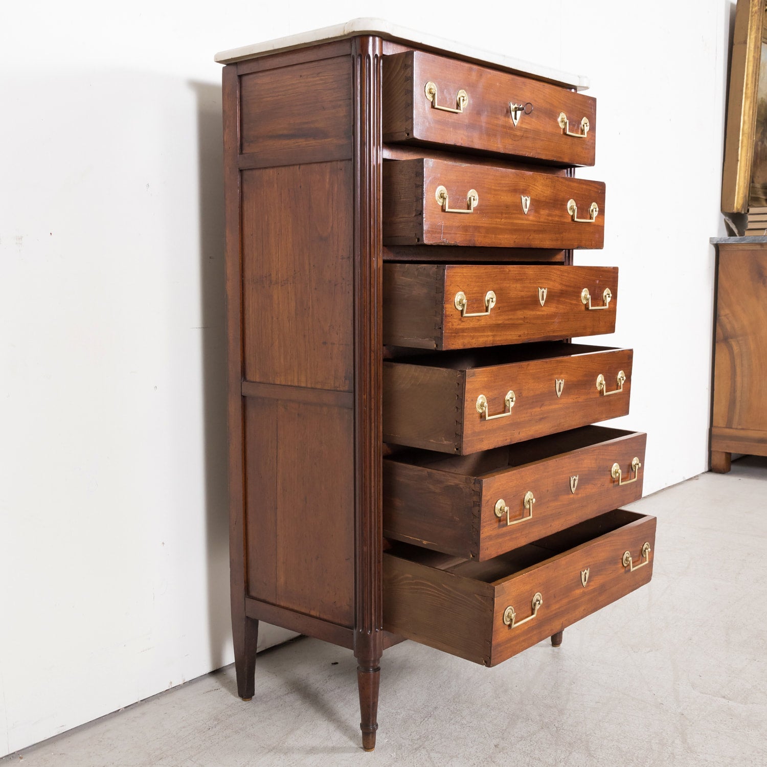 Early 19th Century French Louis XVI Style Tall Mahogany Gentleman's Chest of Drawers or Chiffoniere with Marble Top