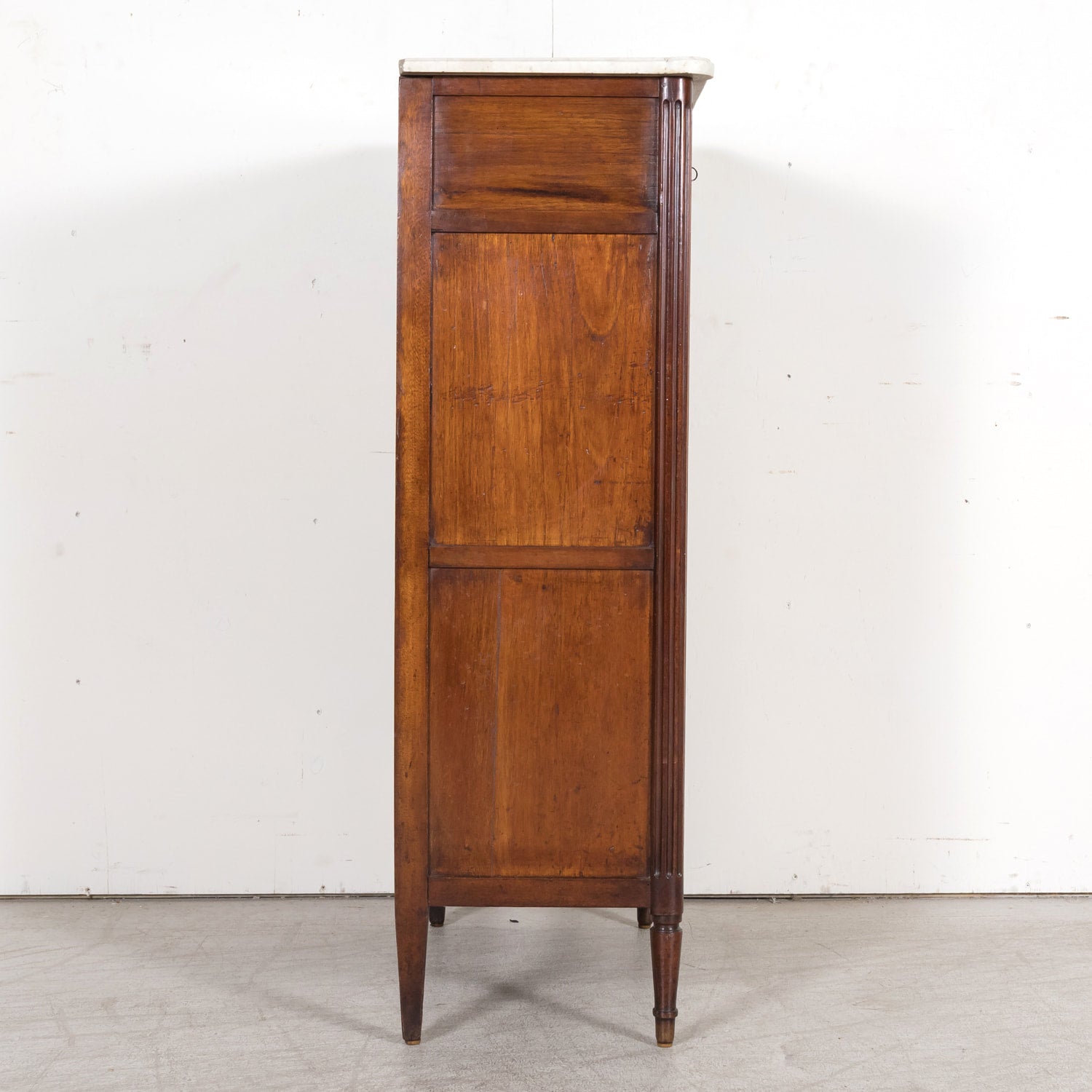 Early 19th Century French Louis XVI Style Tall Mahogany Gentleman's Chest of Drawers or Chiffoniere with Marble Top