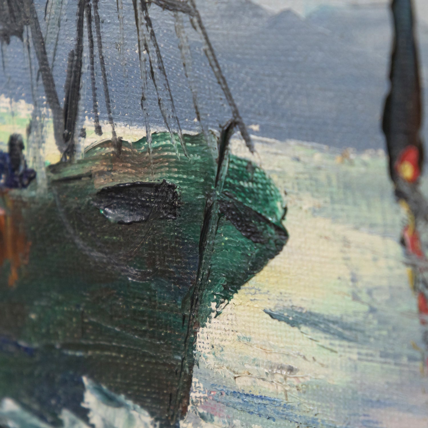 Small Oil on Canvas French Seascape Painting Fishing Boats and Calanques