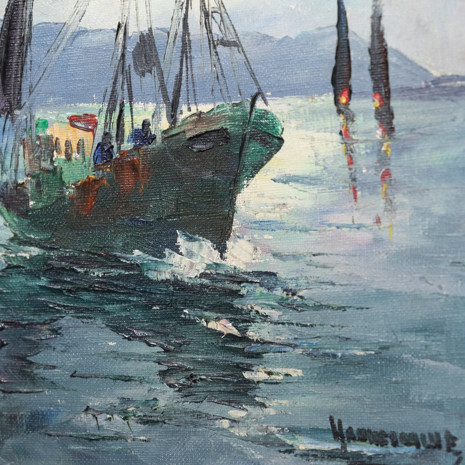 Small Oil on Canvas French Seascape Painting Fishing Boats and Calanques