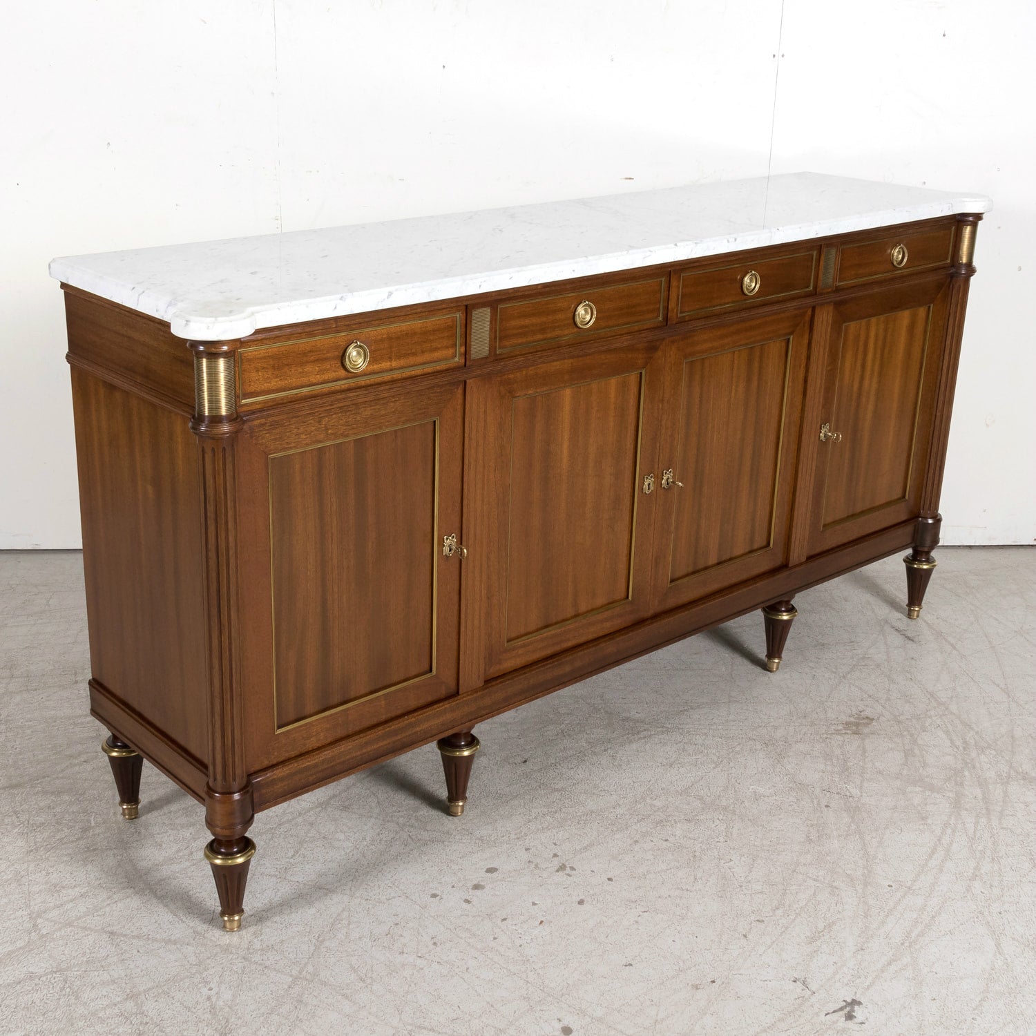 Early 20th Century Antique French Louis XVI Style Mahogany Enfilade Buffet with Carrara Marble Top