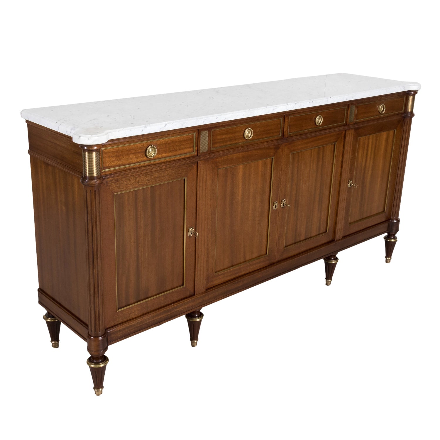 Early 20th Century Antique French Louis XVI Style Mahogany Enfilade Buffet with Carrara Marble Top