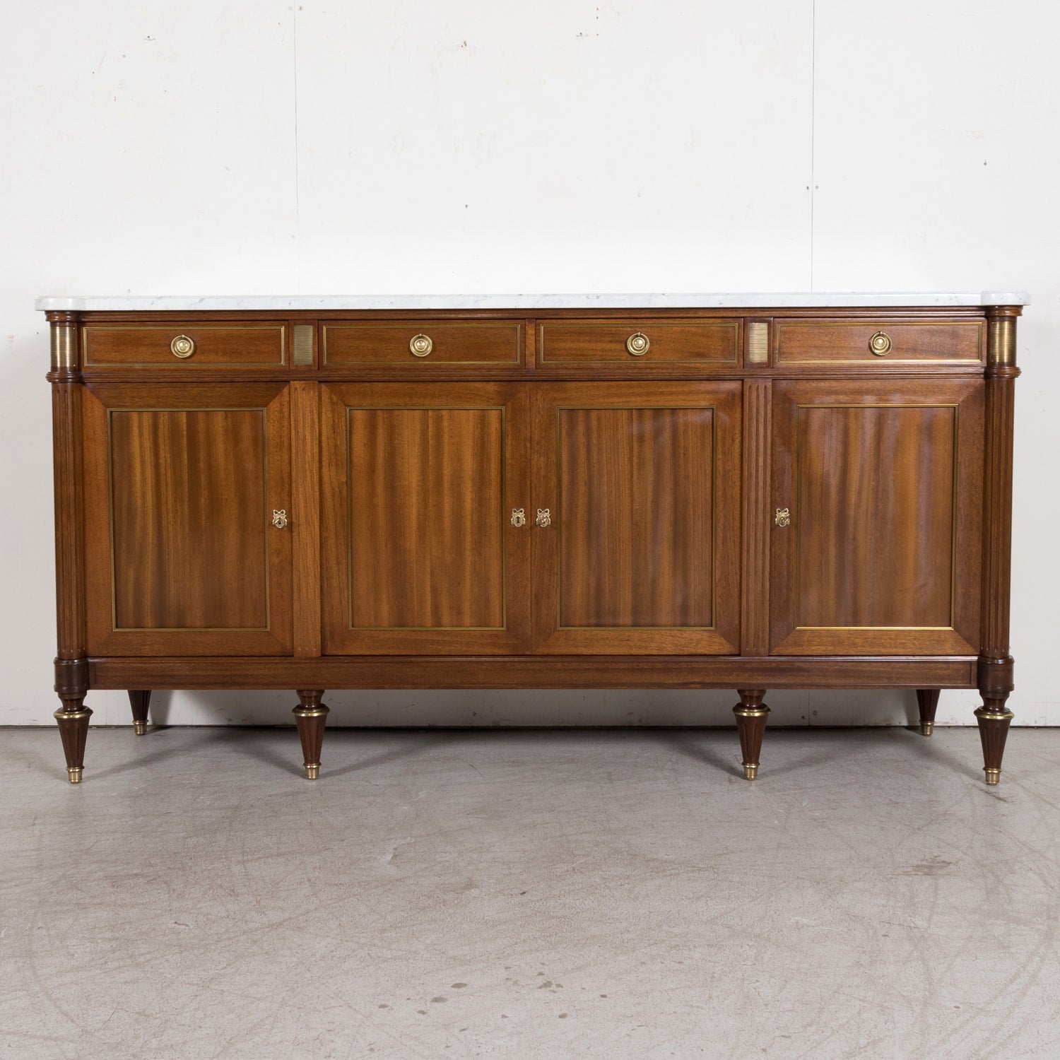 Early 20th Century Antique French Louis XVI Style Mahogany Enfilade Buffet with Carrara Marble Top