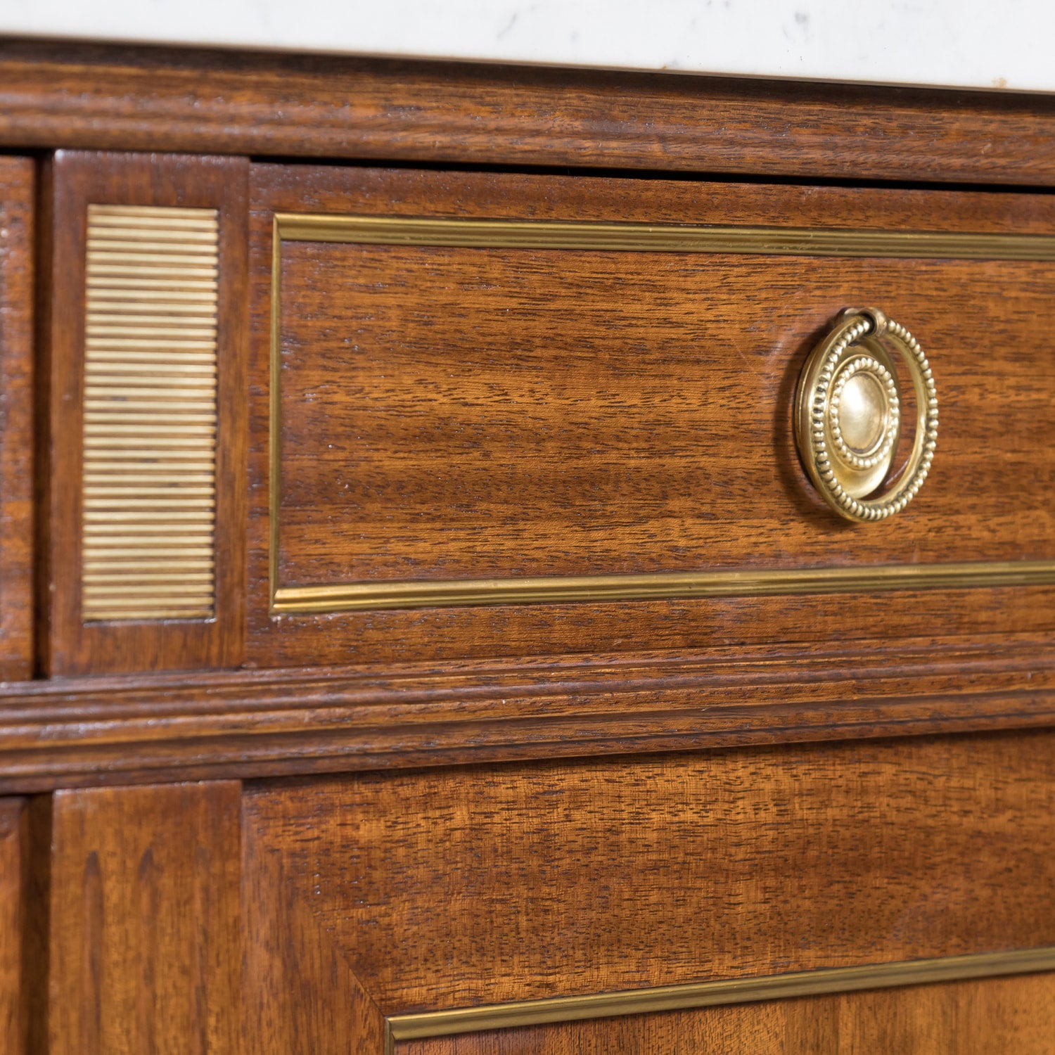 Early 20th Century Antique French Louis XVI Style Mahogany Enfilade Buffet with Carrara Marble Top