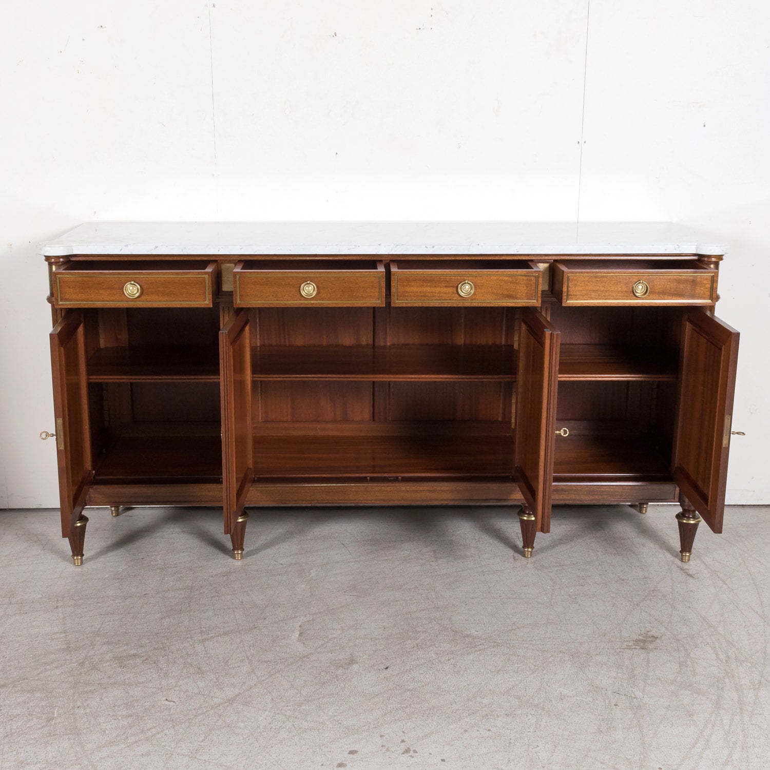 Early 20th Century Antique French Louis XVI Style Mahogany Enfilade Buffet with Carrara Marble Top