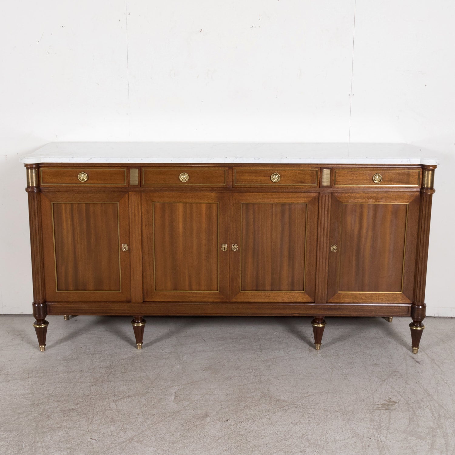 Early 20th Century Antique French Louis XVI Style Mahogany Enfilade Buffet with Carrara Marble Top