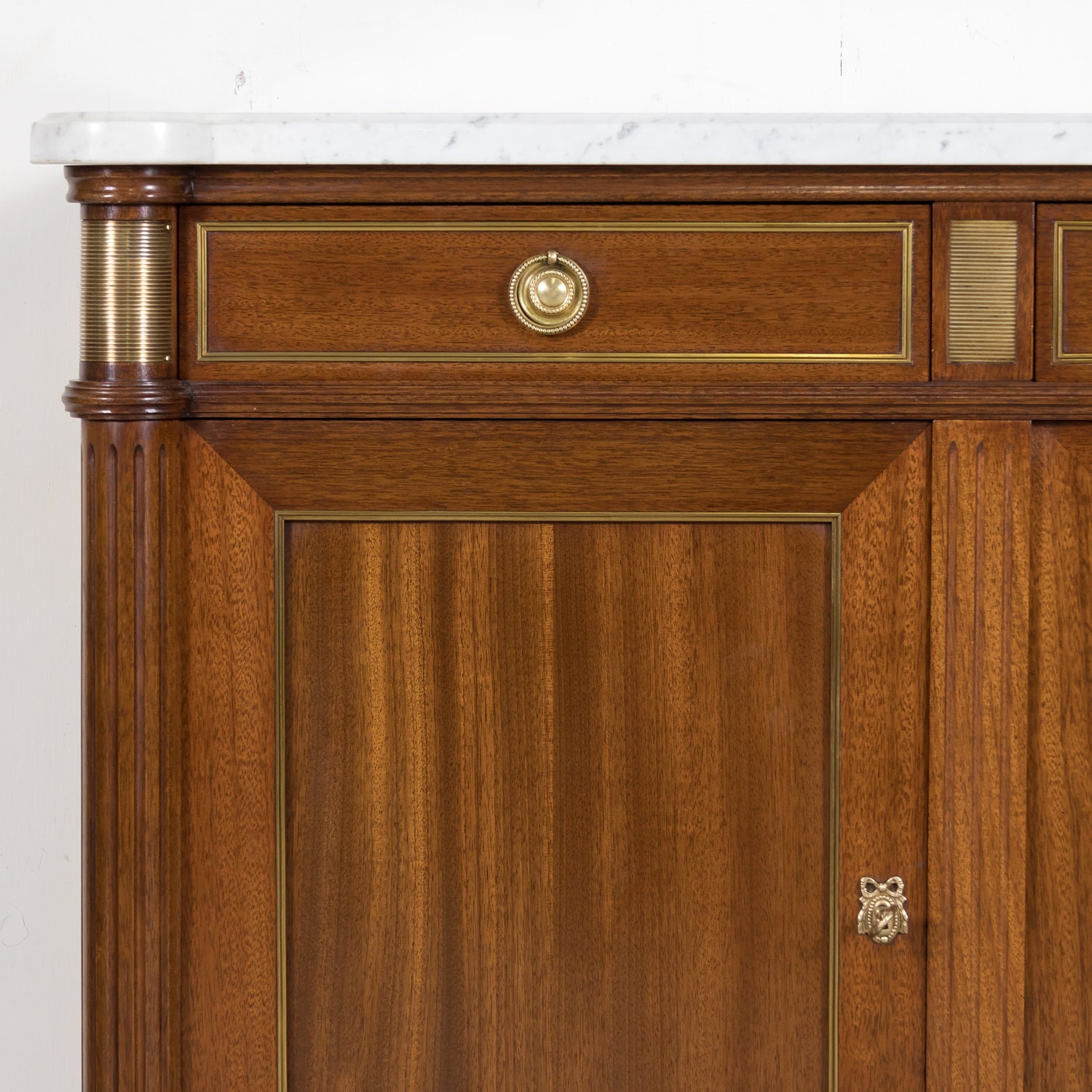 Early 20th Century Antique French Louis XVI Style Mahogany Enfilade Buffet with Carrara Marble Top