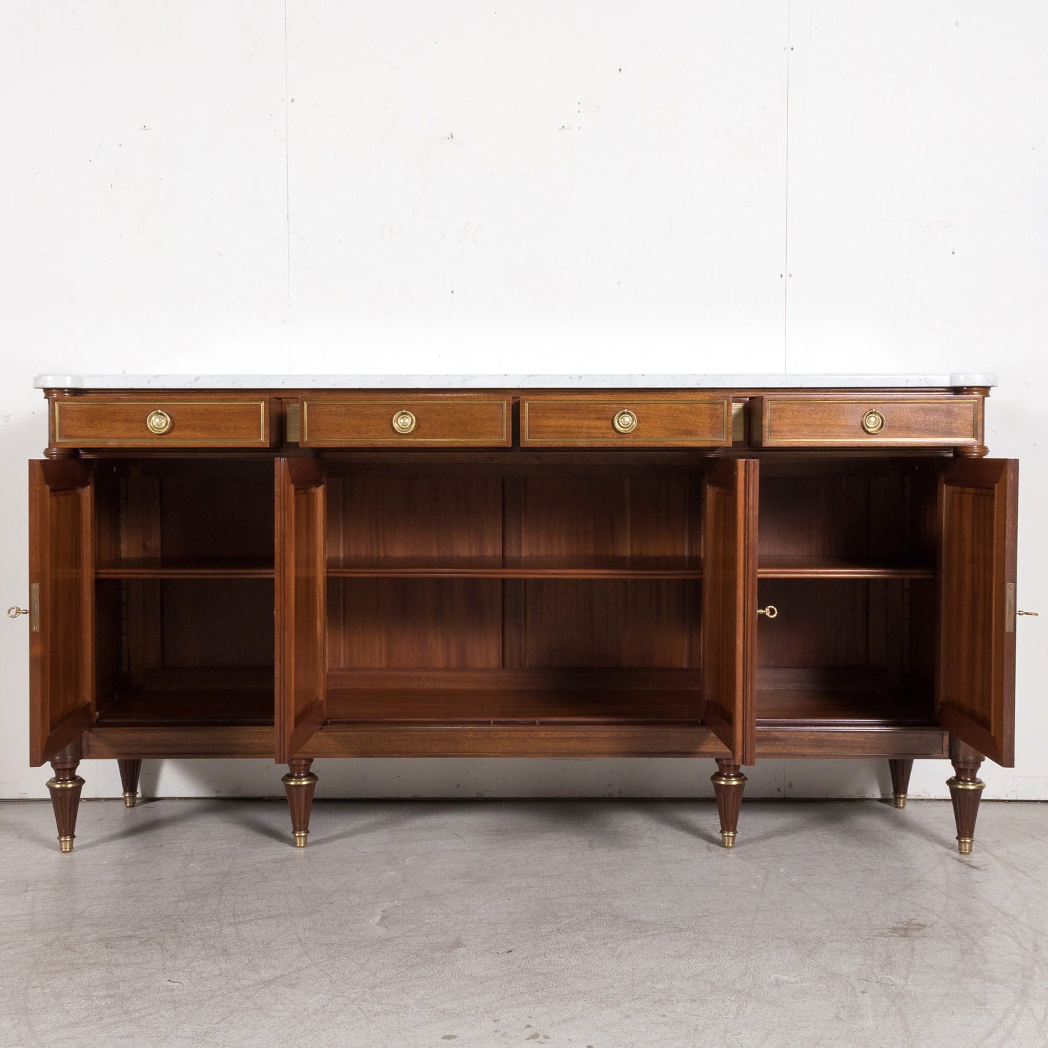 Early 20th Century Antique French Louis XVI Style Mahogany Enfilade Buffet with Carrara Marble Top