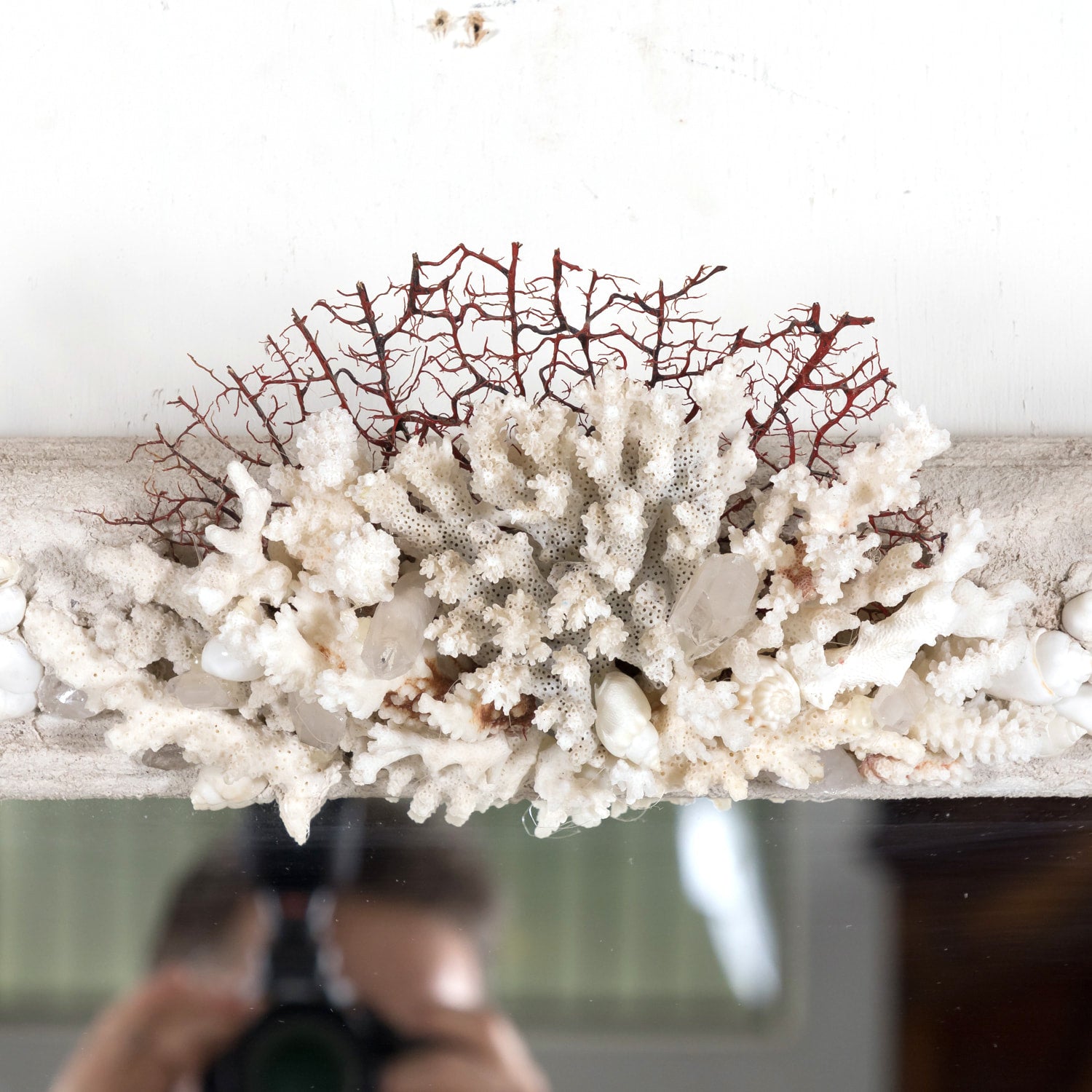 Large Louis Philippe Style Mirror Encrusted with Seashells, Sea Glass, and Coral