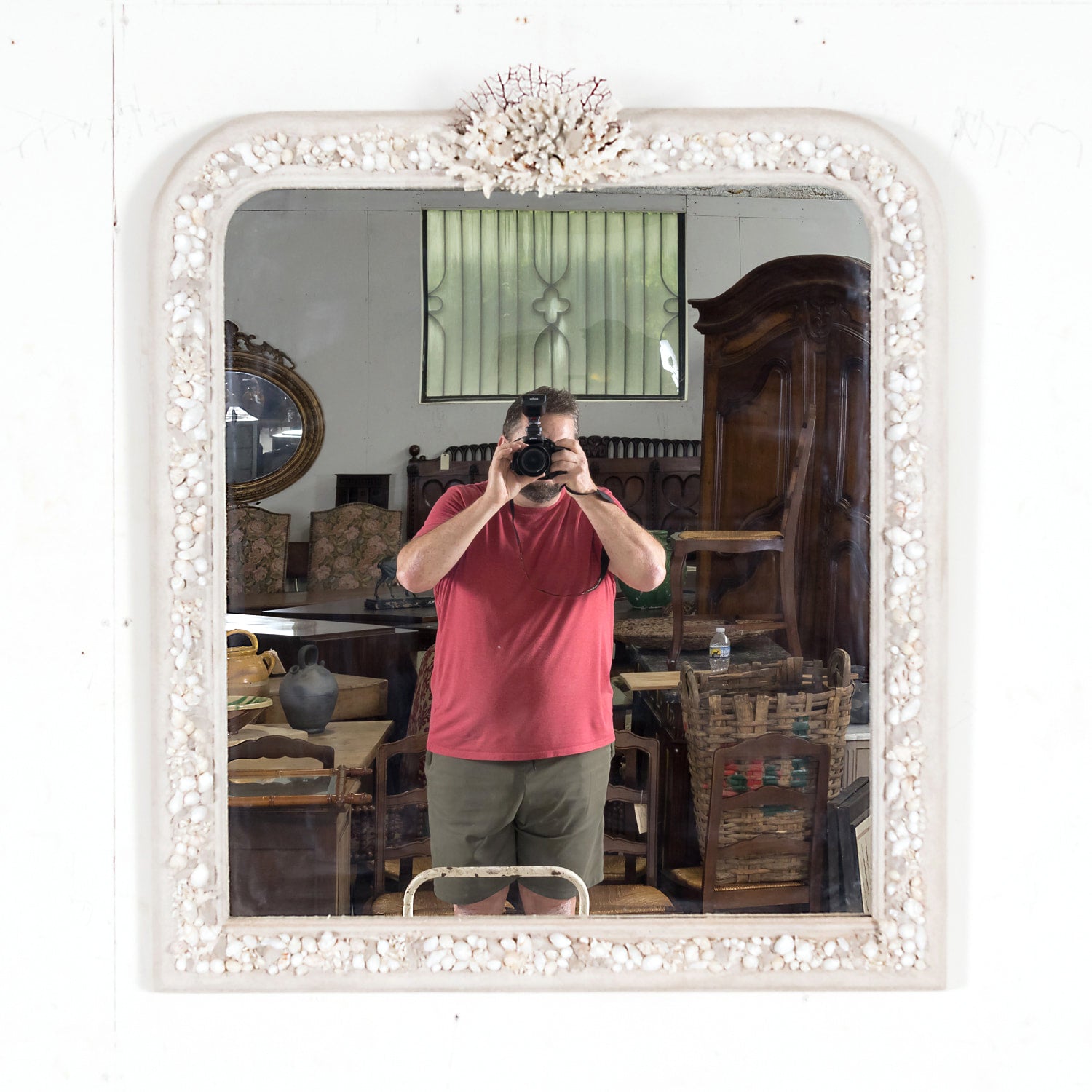 Large Louis Philippe Style Mirror Encrusted with Seashells, Sea Glass, and Coral