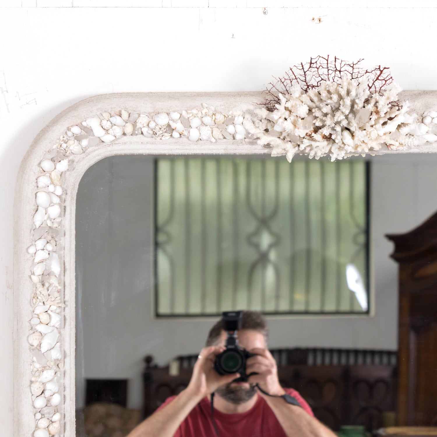 Large Louis Philippe Style Mirror Encrusted with Seashells, Sea Glass, and Coral