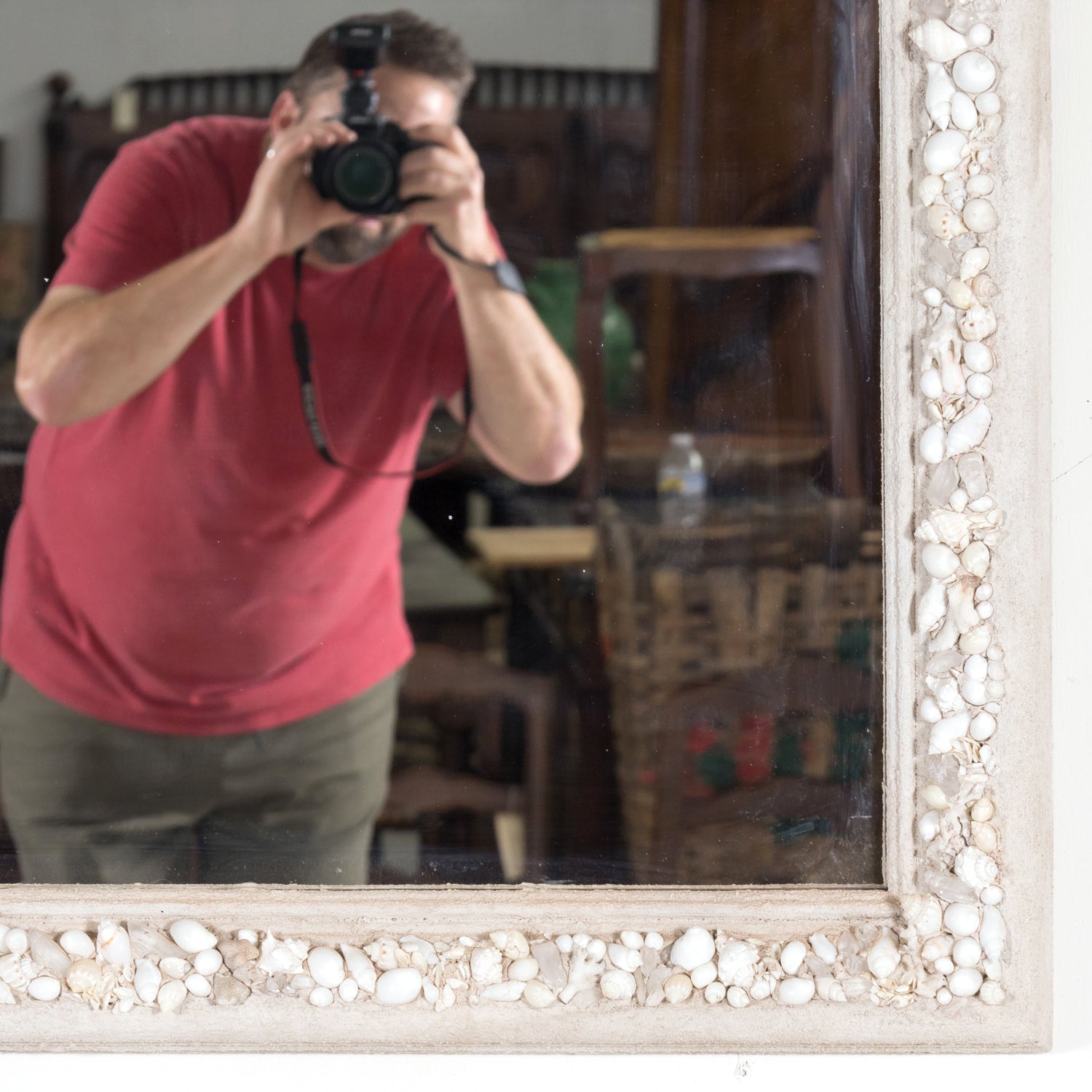 Large Louis Philippe Style Mirror Encrusted with Seashells, Sea Glass, and Coral