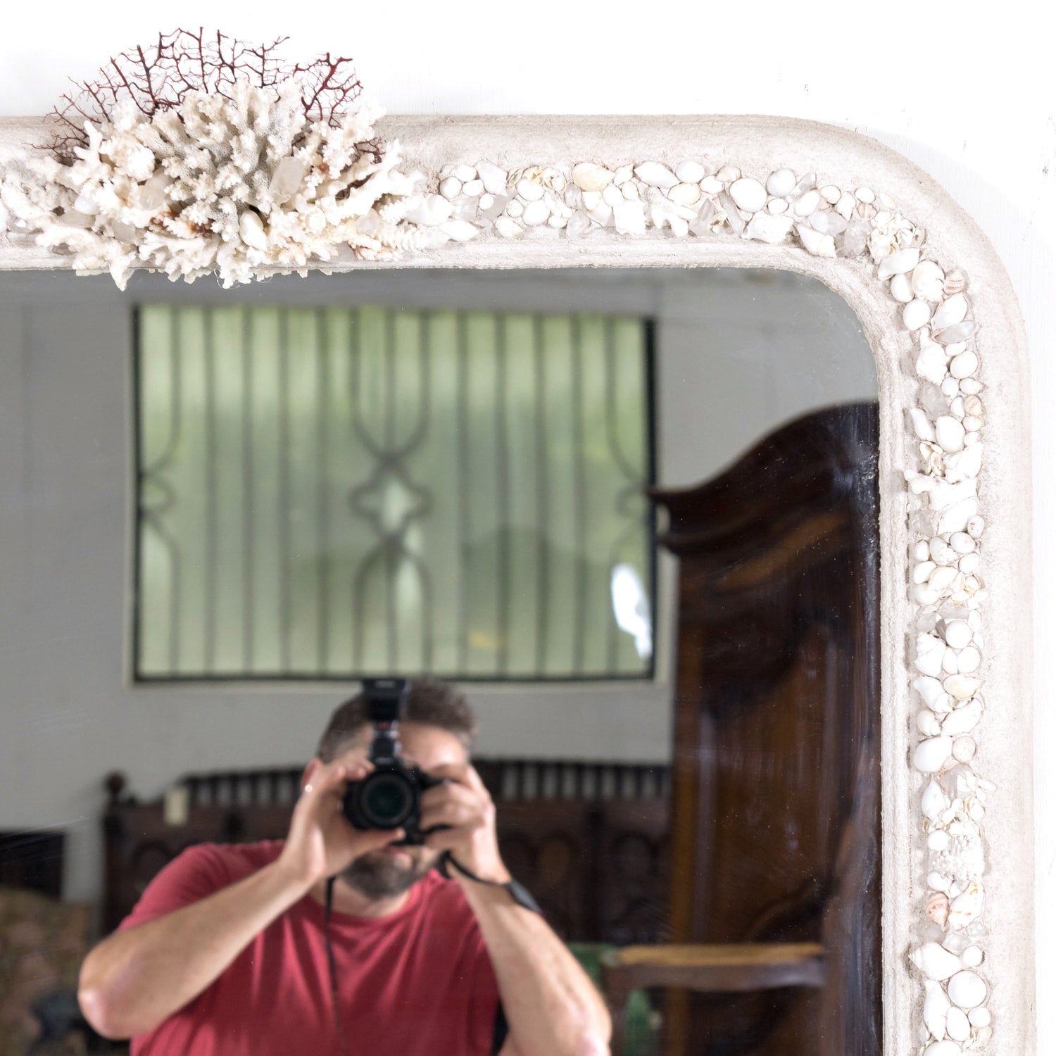 Large Louis Philippe Style Mirror Encrusted with Seashells, Sea Glass, and Coral