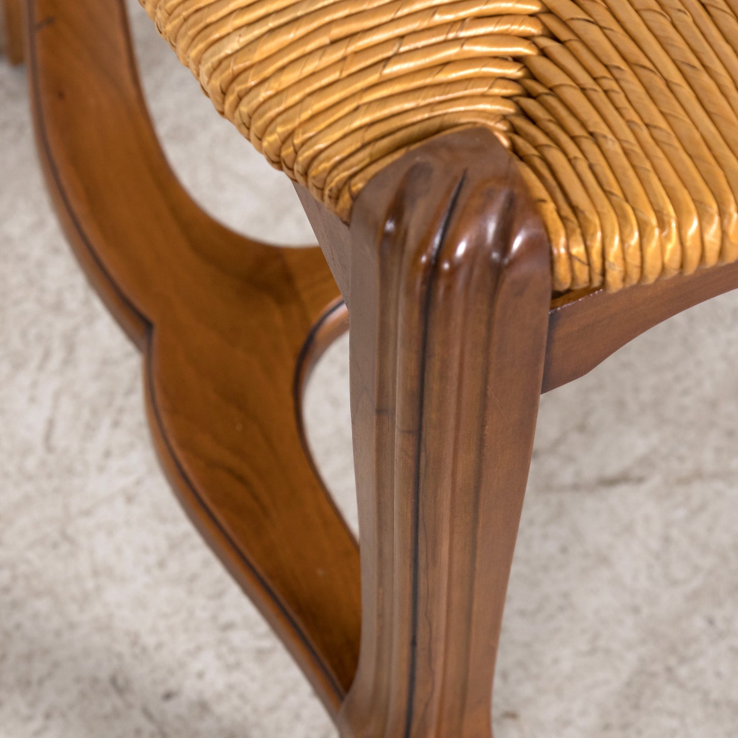 Set of Eight 19th Century Country French Louis XV Style Carved Walnut Dining Side Chairs with Rush Seats