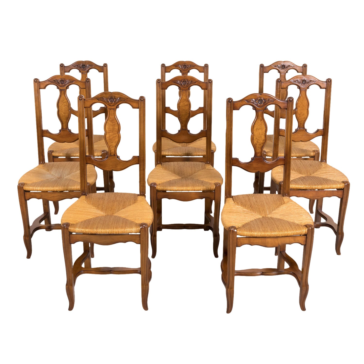 Set of Eight 19th Century Country French Louis XV Style Carved Walnut Dining Side Chairs with Rush Seats