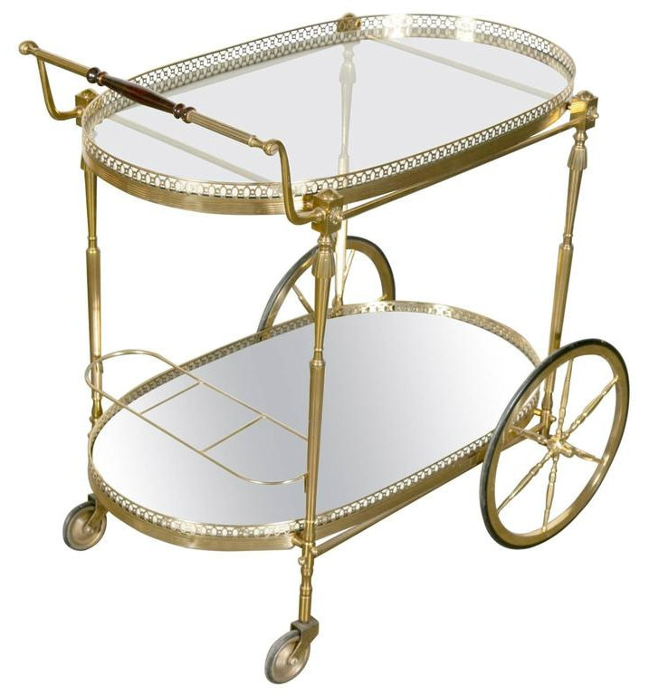 Vintage Patinated Brass Faux Bamboo Drinks Trolley in Antique Serveware