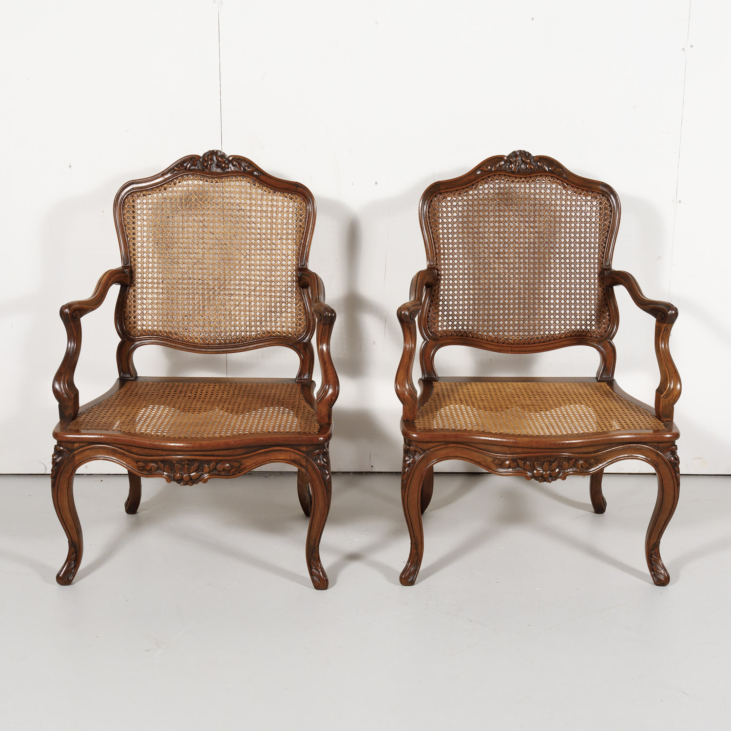 Pair of 19th Century Country French Louis XV Style Walnut and Cane