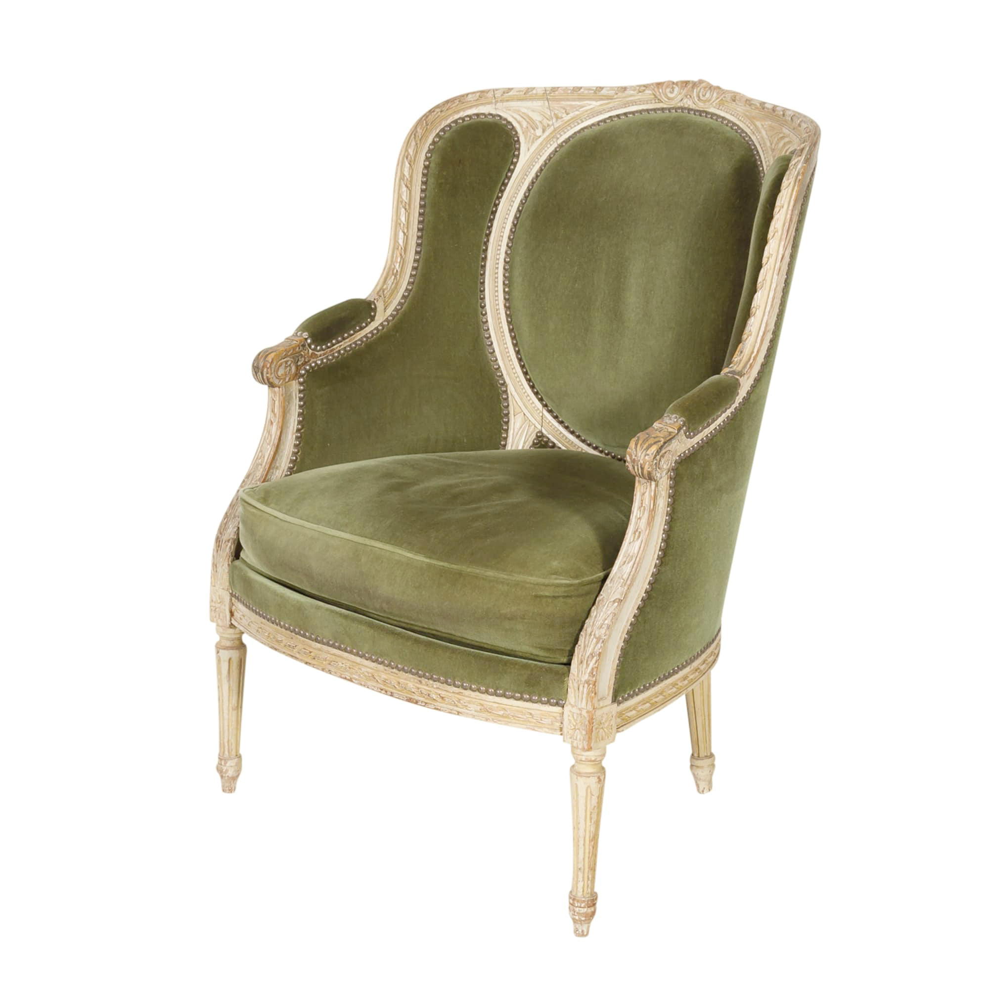 French louis xvi style oval back carved wood green velvet upholstered  armchair